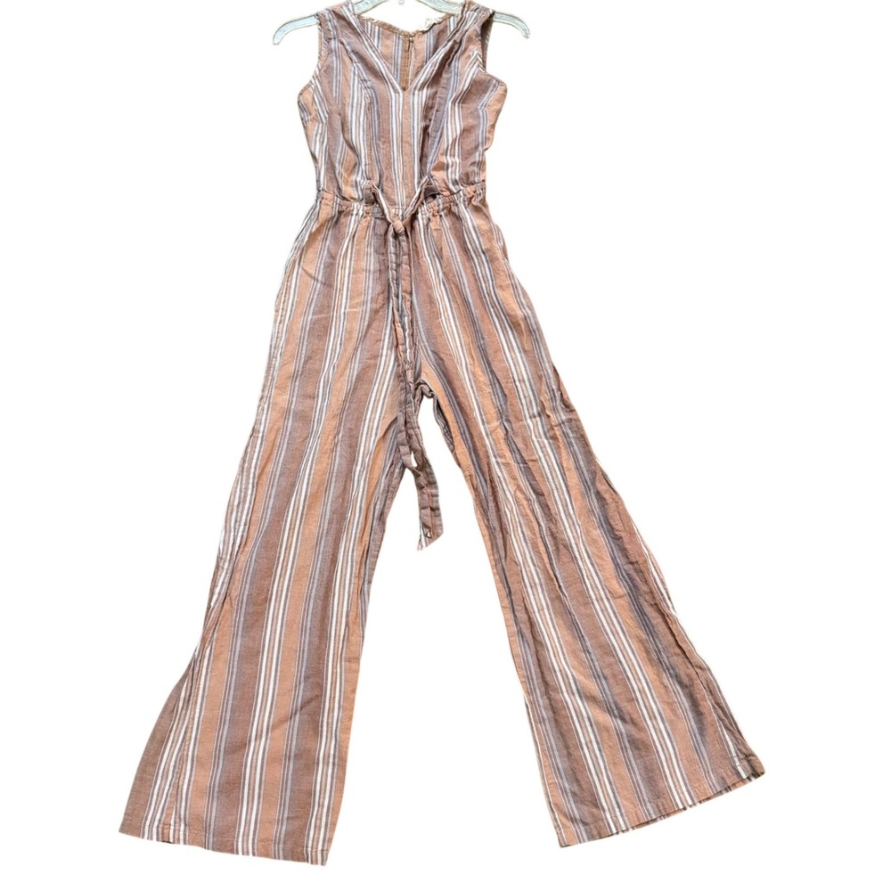 Kings Road Womens XS Striped Sleeveless Jumpsuit Rust Brown Wide Leg V-Neck Boho